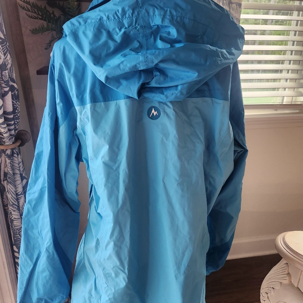 Marmot Two-Tone Turquoise Hooded Rain Jacket - Picture 3 of 7